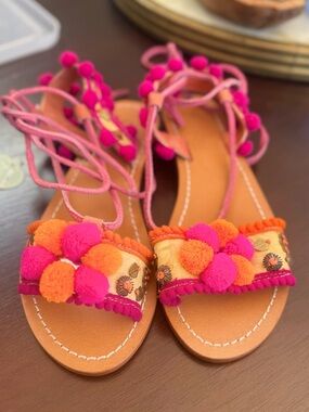 Pom Pom Embellished Gladiator Sandals in Hot Pink & Orange